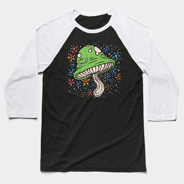 Green Mushroom Baseball T-Shirt by flynnryanart